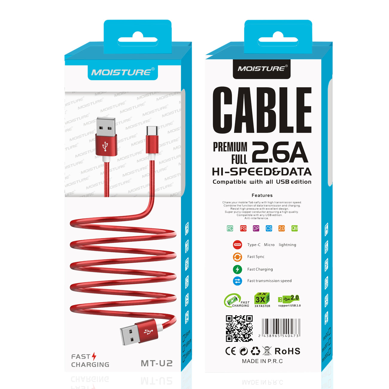 Moisture 2.6A Premium Full Hi-Speed USB A To USB Type C Data Cable In Red